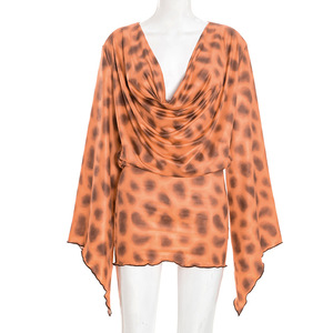 Abito Mini a <span class=keywords><strong>Maniche</strong></span> <span class=keywords><strong>Lunghe</strong></span> con Scollo a V, Stampa Leopardata <span class=keywords><strong>Arancione</strong></span>, Casual e alla Moda GX-2026 - Product Image 2