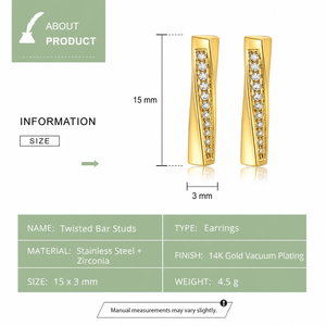 Pendientes de Barra Trenzada de Acero Inoxidable con Circonita Transparente en Tono Dorado y Acero, Joyería Minimalista de 15 mm - Product Image 3