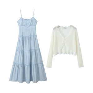 Conjunto de Vestido Largo con Tirantes Finos Color Azul Leche y Cárdigan de Encaje Blanco Albaricoque para Mujer, Marca Runqi, Tejido Transpirable de Color Sólido - Product Image 1