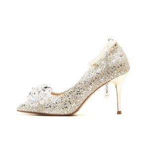 Zapatos de Novia con Punta en Pico, Tacón de Aguja, Tacón Alto con Cadena de Perlas, Decoración Floral, Correa en el Tobillo, Forro de Satén, Color Sólido - Product Image 5
