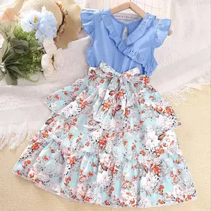 summer children's clothing new style girls' children's dresses lace collar flying sleeves floral princess dress Mixed random