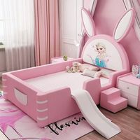 Lit enfant Lapin de dessin animé pour chambre d'enfant, design moderne, en cuir rose, taille simple (Lit simple)
