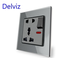 Panel de cristal templado Delviz, CA 110V ~ 250V, tomas de enchufe de 5 orificios, toma de corriente universal de pared de control de interruptor