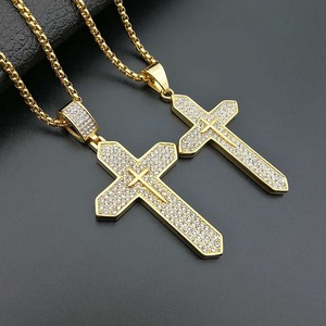 Cross Pendant <b>Necklace</b> Stainless Steel Gold Plated Pave Setting Unisex Gift - Product Image 1