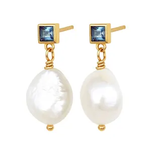 Gemnel elegance natural baroque pearl drops 925 silver princess-cut blue topaz wholesale color stone stud earring