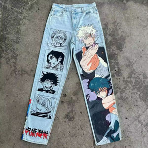 Anime ragazza stampa Jeans <span class=keywords><strong>larghi</strong></span> <span class=keywords><strong>pantaloni</strong></span> a gamba larga Harajuku Streetwear <span class=keywords><strong>pantaloni</strong></span> in denim a vita alta donna - Product Image 1