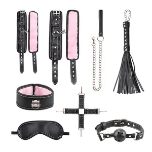 Bondage GearBlack Artificial Leather With Fluff Bondage Set 8 Pcs Strapon Bdsm Bondage Kits Sex Toys Adult juguetes sexuales