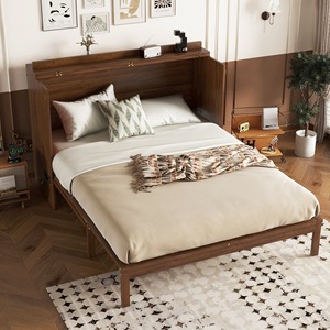 เตียงพับเก็บได้ไม้จริงสีน้ำตาลเข้มพร้อมที่เก็บของ เฟอร์นิเจอร์ห้องนอน - Product Image 1