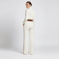 Ensemble de survêtement rétro 2 pièces pour femme : veste courte zippée et pantalon de jogging évasé à rayures latérales, couleur crème – Vente en gros