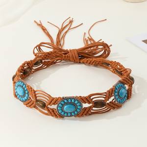 <span class=keywords><strong>Ceinture</strong></span> de <span class=keywords><strong>noeud</strong></span> tissée de style ethnique bohème pour femmes perles en bois turquoise <span class=keywords><strong>corde</strong></span> de cire ceintures de robe tissée à la main pour femmes - Product Image 5