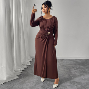 BR6084 Nuova Collezione Gonna Lunga da Donna <span class=keywords><strong>Taglie</strong></span> <span class=keywords><strong>Forti</strong></span> in Raso Color Caffè con Maniche a Sbuffo, Vita Alta e Colletto Alto - Product Image 3