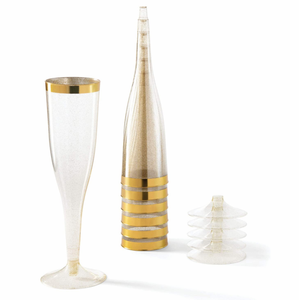 Di plastica usa e getta bicchieri di champagne con glitter oro con oro-eleganza con la montatura nera, anniversario di matrimonio e da pranzo eventi - Product Image 6