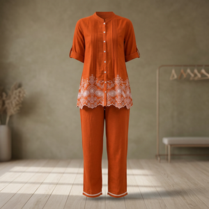 <b>Women</b> Orange Mandarin Collar Embroidered <b>Kurta</b> Pant Co-ord Set Loose Fit Short Sleeve Casual Dresses All Seasons - Product Image 2