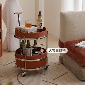 Modern Minimalist <b>Bar</b> Cart Mocha Brown Leather 2 Tier Stainless Steel Mobile Sofa Side <b>Table</b> Trendy Instagram Style - Product Image 3