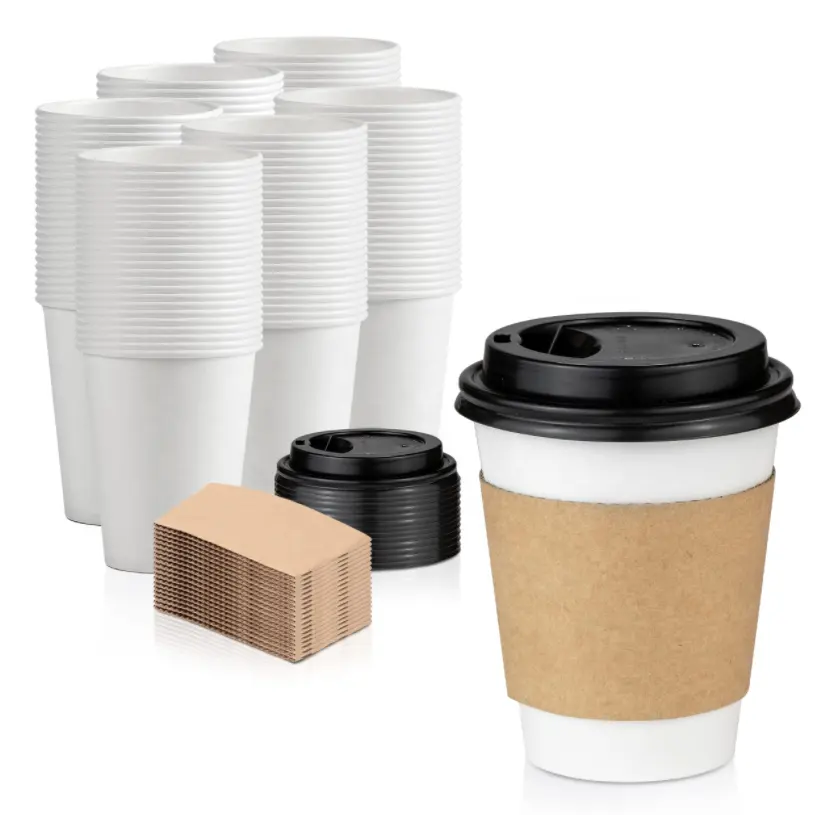Wholesale 16 oz Hot Beverage Disposable White Paper Coffee Cup with Black Dome Lid and Kraft Sleeve Custom logo