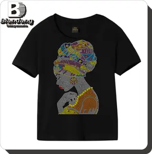 Factory Direct Sale Lady Head Design Heat Transfer Hot Fix Colorful SS10 Rhinestones On Women's Cotton T-shirt