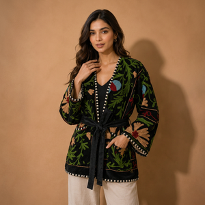 Blouson Bomber SUJANI RT 4 en Velours Brodé Floral pour Femme, Manches Longues, Col en V, Ceinturé, Réversible, Lin Écologique, Printemps - Product Image 1