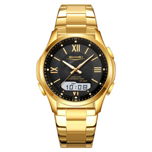 Ekmei Men's Digital Watch Stainless Steel Band Dual Display World Time Countdown 5Bar Waterproof Gold Color - Product Image 4