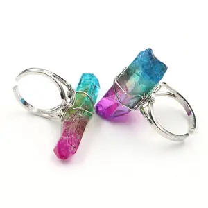 LS-E995 Silver Plated Resizable Ring Wire Wrap Irregular Dyed Colorful Natural Rock Crystal Hexagonal Column Unique Rings