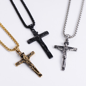 Collar de Cruz de Acero Inoxidable para Hombre |   Colgante de Jesús Crucificado |   Cadena de Oro, Plata y Negro para Regalo de Joyería - Product Image 2