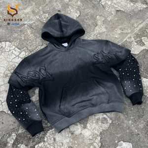Custom Distress Applique Patch Rhinestone Pullover Acid Washed Vintage Sun Faded Layered Sleeve Hoodie for Men - Product Image 1