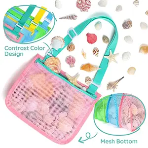 Custom Kids Mesh Beach Bag Seaside Travel Colorful Storage Collecting Bag Adjustable Straps Beach Sand Toy Tote Bags