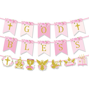 LINDOJUNI Decoraciones para Bautizo, <span class=keywords><strong>Primera</strong></span> Comunión y Fiestas Infantiles, Guirnaldas y Pancartas en Rosa y Dorado - Product Image 1