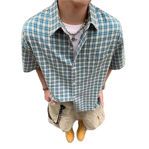 Chemise décontractée d'été pour homme en polyester, style américain vintage à carreaux, respirante, tricotée, service OEM, à manches courtes, tendance - Product Image 4