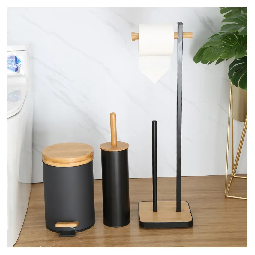 Dudukan handuk mandi hitam pemegang tisu berdiri bebas pegangan handuk bambu kamar mandi berdiri