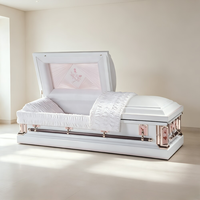 Cercueil métallique semi-couché blanc brillant - Broderie de roses roses et intérieur rose clair (pour adulte, vente en gros)
