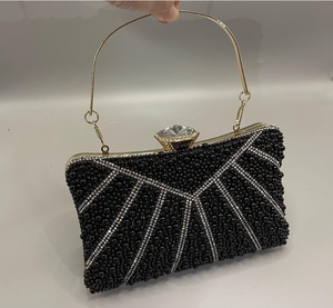 <b>Black</b> Rhinestone Tassel <b>Clutch</b> <b>Bag</b> Gold Metal Frame Satin Lining Chain Evening <b>Wedding</b> Handbag - Product Image 1