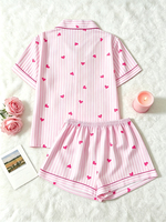 Pyjama d'été pour femmes avec imprimé cœur, ensemble confortable de vêtements de détente à manches courtes et shorts rayés roses
