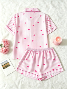 Conjunto de Pijama de Verano para <span class=keywords><strong>Mujer</strong></span> con Estampado de Corazones, Camiseta de Manga Corta y <span class=keywords><strong>Pantalones</strong></span> <span class=keywords><strong>Cortos</strong></span> a Rayas Rosas, Ropa de Dormir Cómoda - Product Image 2