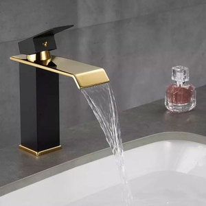 Stainless Steel Material Gold Tall Square Bathroom Basin Faucet Waterfall Bathroom Faucet