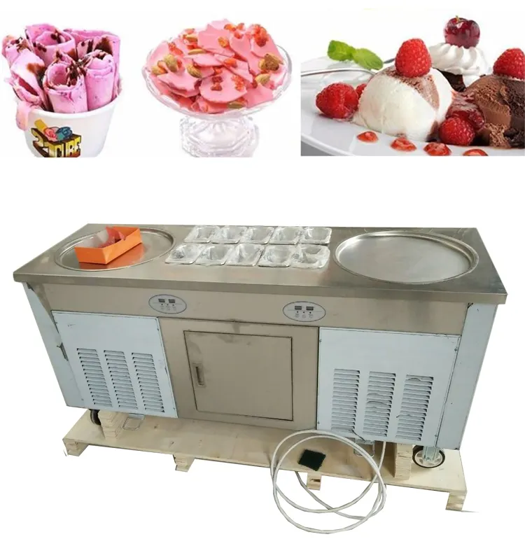 Double Casserole Ronde rouleau de crème glacée de fabricant de machine avec armoire de Réfrigération