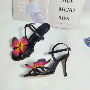 Women's Summer Outdoor Fashion Trend Open Toe Genuine Leather Butterfly Flower Buckle High <b>Heel</b> Roman Comfortable Pumps <b>Sandals</b> - Product Image 2