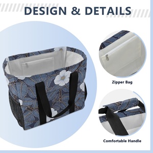 กระเป๋าช้อปปิ้งผู้หญิงลายพิมพ์ดอกพุดสีน้ำเงินกรมท่าขนาดใหญ่พิเศษ พร้อมสายสะพายไหล่ และช่องเก็บความเย็น - Product Image 4