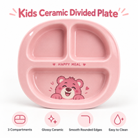 Assiette en céramique à 3 compartiments pour tout-petits, motif ours de dessin animé mignon, couleur personnalisée, OEM ODM, vente en gros