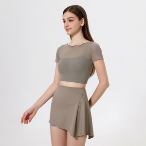 Women 2 In 1 Ruffle Mesh Sheer Yoga Crop Top Short Sleeve Cover Up Built In Padded Workout Tee Slim Fit Gym Pilates Athletic Top - Product Image 2