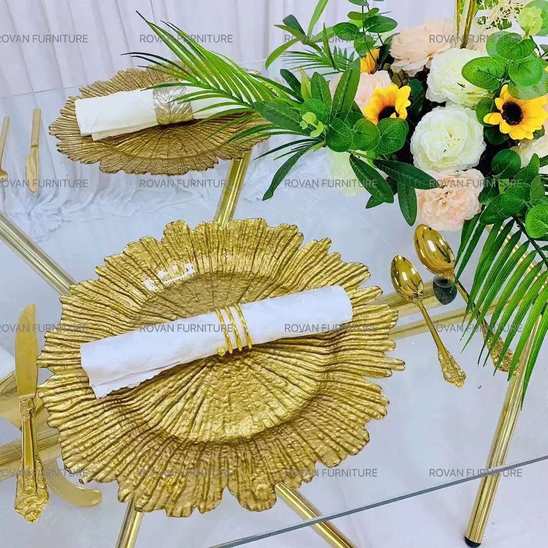 Glass Wedding Table Wedding Gold Dining Table Glass Luxury Style Charger Plates For Event Wedding