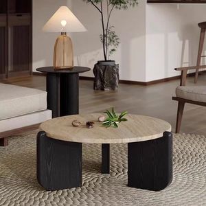Tavolino da Salotto Rotondo <span class=keywords><strong>in</strong></span> Legno Massello con Piano <span class=keywords><strong>in</strong></span> Pietra, di Lusso, <span class=keywords><strong>per</strong></span> Casa - Product Image 1