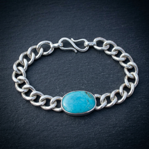 Classic 925 Silver Chain <b>Bracelet</b> With Turquoise Stone Bezel Set Unisex Everyday Wear - Product Image 3
