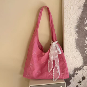 Korean-Style <b>Canvas</b> <b>Bag</b> <b>Large</b>-Capacity Shoulder <b>Bag</b> with Embroidered Bow Accent - Product Image 1