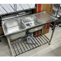 Évier de cuisine carré double à encastrer Son Ha fait main avec égouttoir intégré en acier inoxydable SUS 304 pour services de restauration intensifs