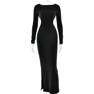 Vestido Maxi sin Espalda con Detalle de Lazo, Manga Larga, Elegante Vestido de Noche, Color Sólido, Cintura Natural - Product Image 5