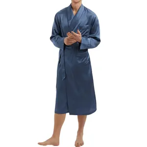 New Arrival Men's Loungewear Nightwear Luxurious Solid Color Lightweight Smooth Satin Long Sleeve Wrap Self Tie Dressing Gown