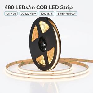 Bande <span class=keywords><strong>LED</strong></span> COB flexible haute densité 480 <span class=keywords><strong>LED</strong></span>/m 12V 24V 10W/m 2700K-6500K CCT <span class=keywords><strong>5m</strong></span>/rouleau pour éclairage intérieur commercial - Product Image 1