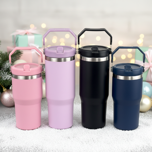30oz Stainless Steel Vacuum Insulated Travel Mug with Flip Straw and <b>Top</b> Handle for Outdoor Hiking Camping Thermal Water Bottle - Product Image 1