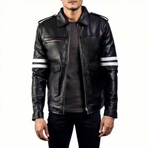 Veste en cuir véritable noir pour homme, col rabattable, manches à rayures blanches, poches à rabat, épaulettes en peau de mouton, style motard, sur mesure, pour l'hiver - Product Image 1