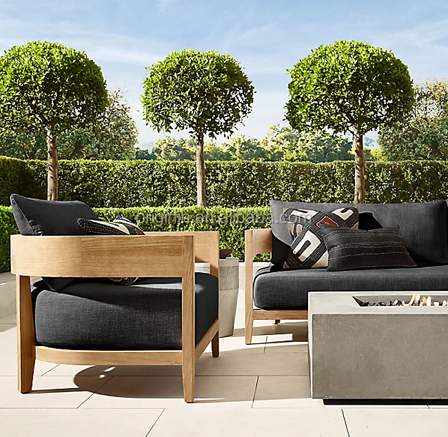 Outdoor Patio Gebruik Klassieke Stijl Verdikte Kussens Teak Sofa Set Luxe Sunbrella Terrasmeubilair